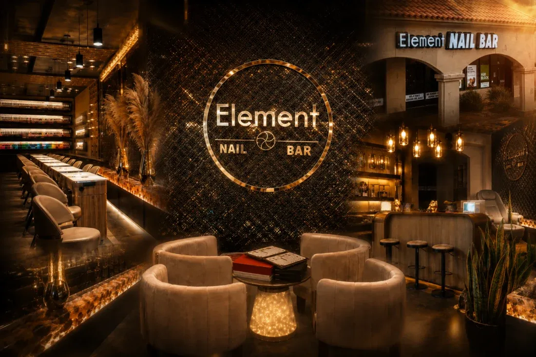 Element Nail Bar's Downtown Phoenix lounge with manicure bar seating and illuminated signage