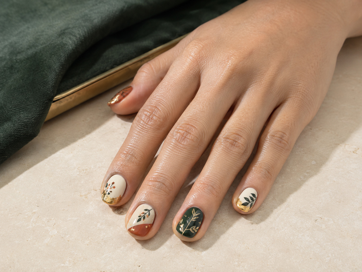 Detailed hand-painted custom nail art on a natural hand