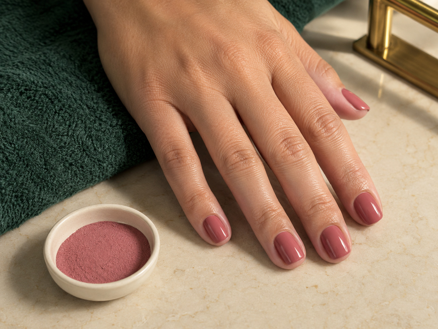 Finished dip powder manicure with a smooth chip-resistant color layer