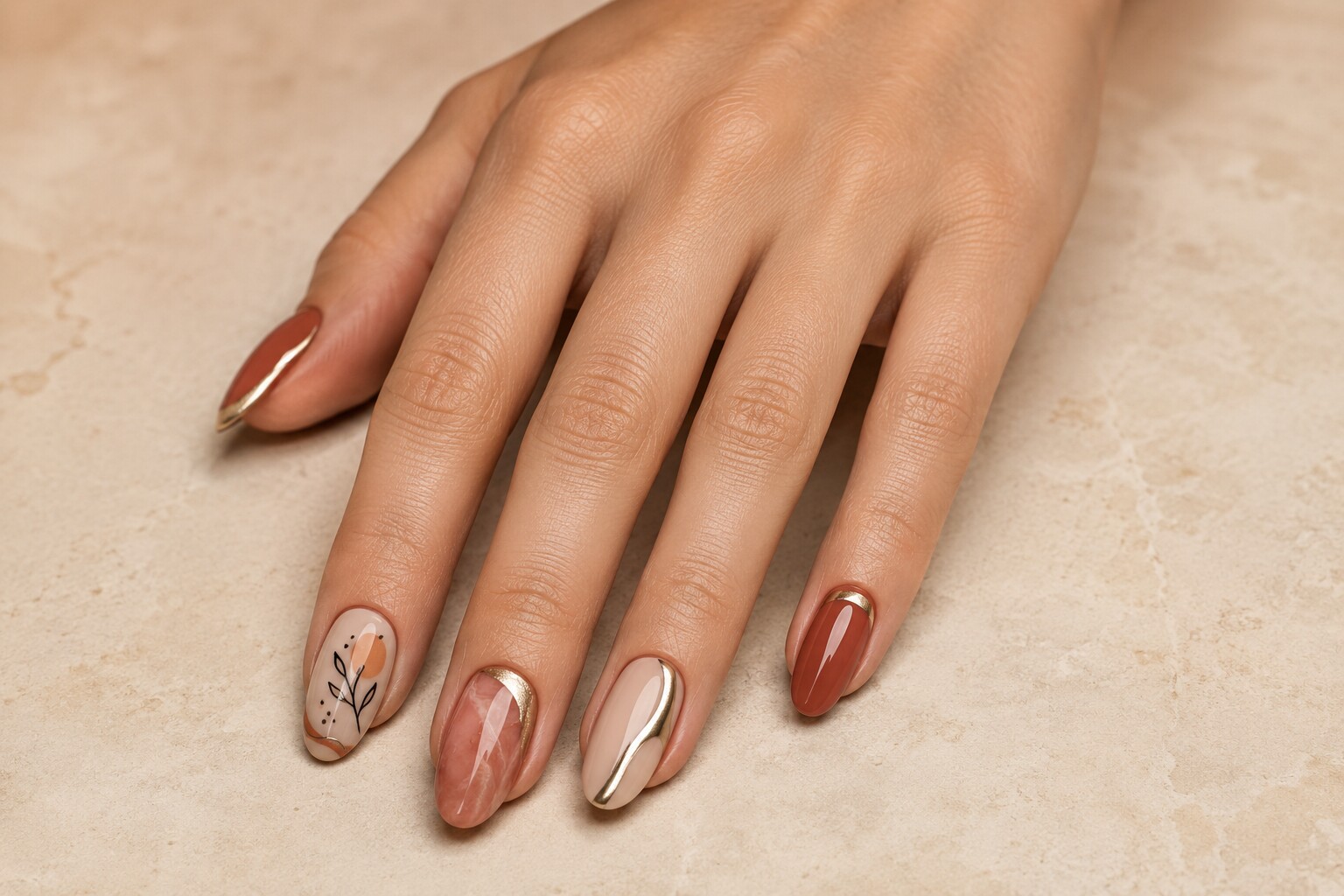 Neutral botanical and gold custom nail art