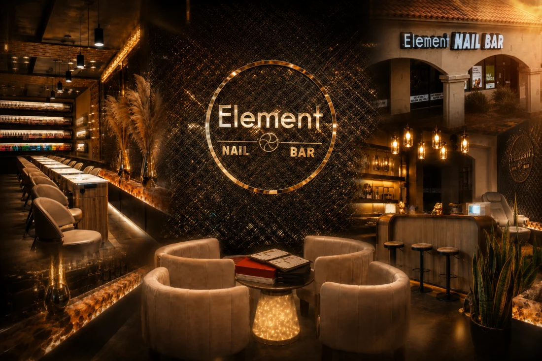 Element Nail Bar's Downtown Phoenix lounge with manicure bar seating and illuminated signage